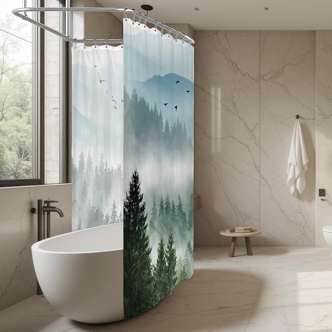 Riyidecor Extra Wide Green Mountain Shower Curtain 108Wx72H Inch Rustic Nature - Image 4