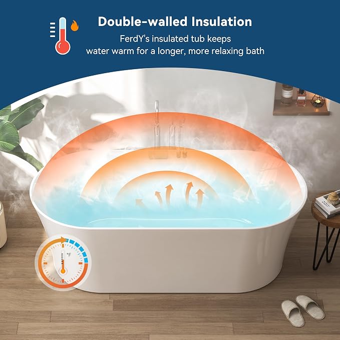 FerdY Santorini 67" Acrylic Freestanding Tub, Gracefully Shaped Contemporary - Image 2
