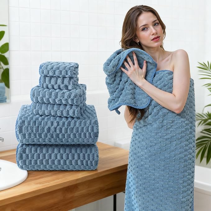REDKISS Blue Microfiber Bath Towels Set of 6-35x70 Inches Oversized Bath Sheets - Image 6