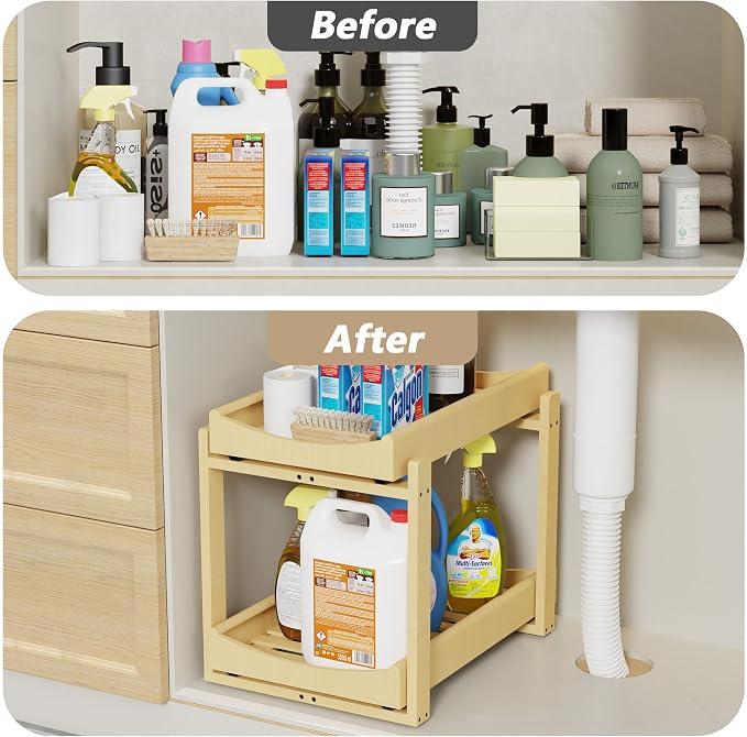 Bamboo Under Sink Organizer Adjustable Height 2 Tier Bathroom Organizer Pull - Image 4