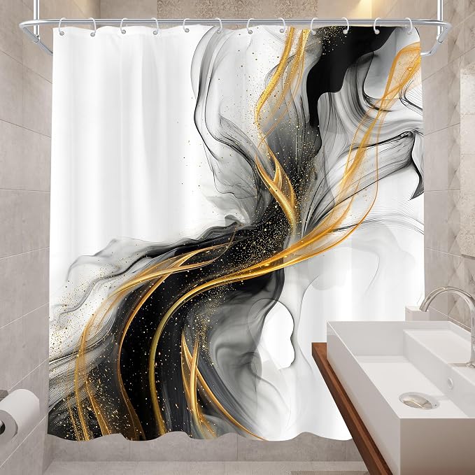 Cinbloo Black and Gold Marble 72Wx72H Shower Curtain Abstract Ink Texture - Image 3