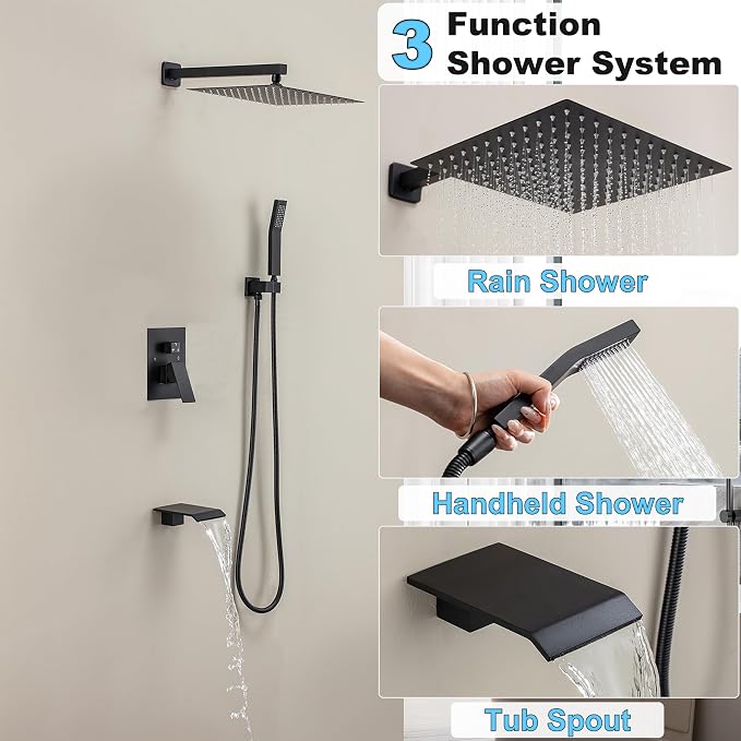 Shower System with Tub Spout, Shower Faucet Set with 12 Inch Rain Showerhead - Image 8