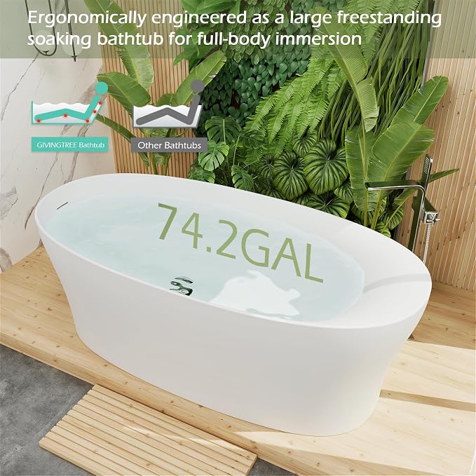 GIVINGTREE 63'' Freestanding Solid Surface Resin Stone Bathtub, Contemporary - Image 8