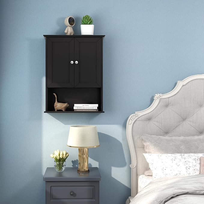 Black Wall Cabinet 24x30 Inch Wooden Over The Toilet Storage Cabinets - Image 3