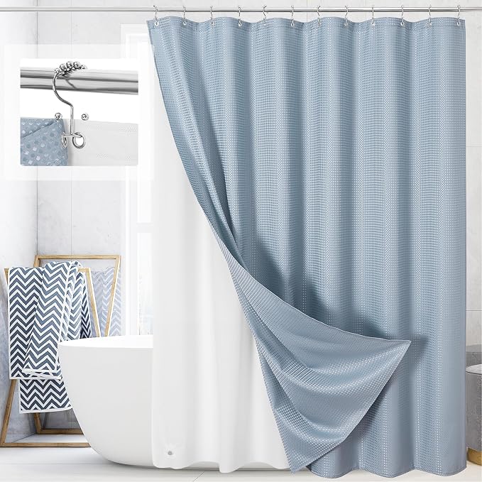 3 in 1 Long Blue Shower Curtain Set-72 W x 78 H, Fog Blue Waffle and PEVA Liner by Unknown