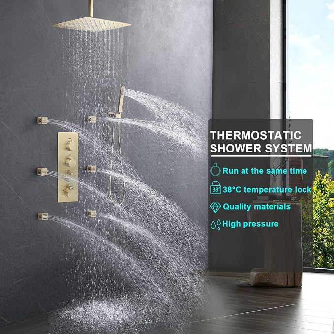 Enga Luxury Brushed Gold Shower System, 16 Inch Rain Shower Head - Image 2