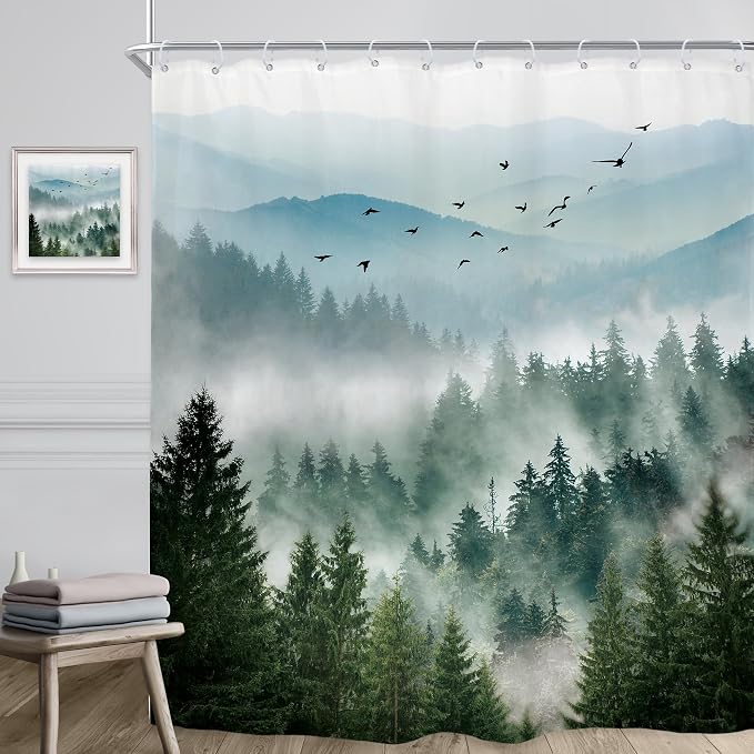 Riyidecor Green Mountain Shower Curtain 72Wx96H Inch Extra Long Nature Rustic - Image 3