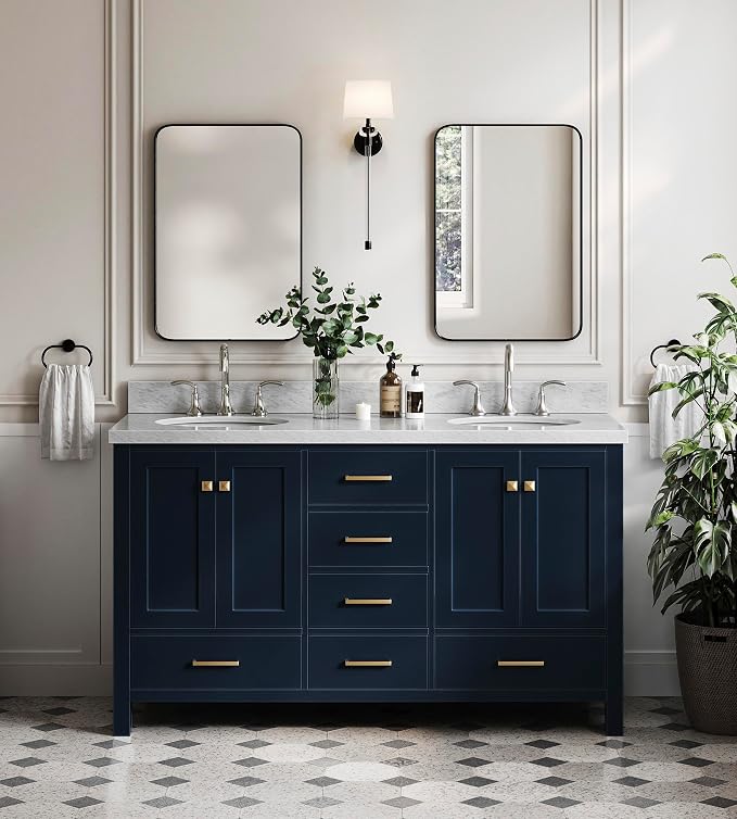 ARIEL Cambridge 61 Inch Midnight Blue Bathroom Vanity Double Sink, Solid Wood by Ariel