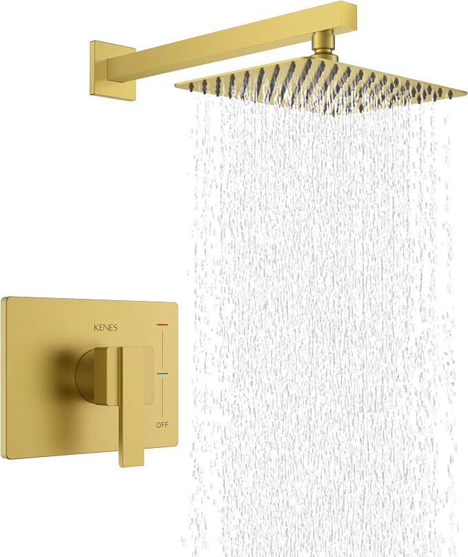 KENES Brushed Gold Shower Faucet, Modern Square 10-Inch Shower Head and Handle by KENESBathroomKitchen