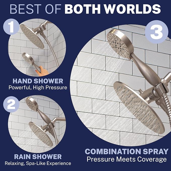 HammerHead Showers Dual Shower Head Combo, 8-Inch Rainfall & 3-Flow Handheld - Image 3