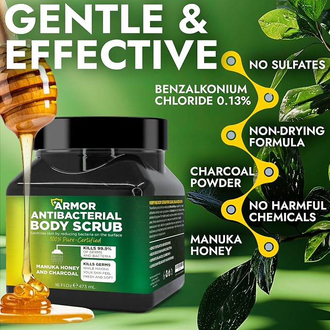 Antibacterial Body Scrub | Manuka Honey & Charcoal | Kills 99.9% of Germs & - Image 3