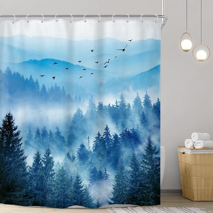 Riyidecor Navy Blue Mountain Shower Curtain 72Wx96H Inch Extra Long Nature - Image 2