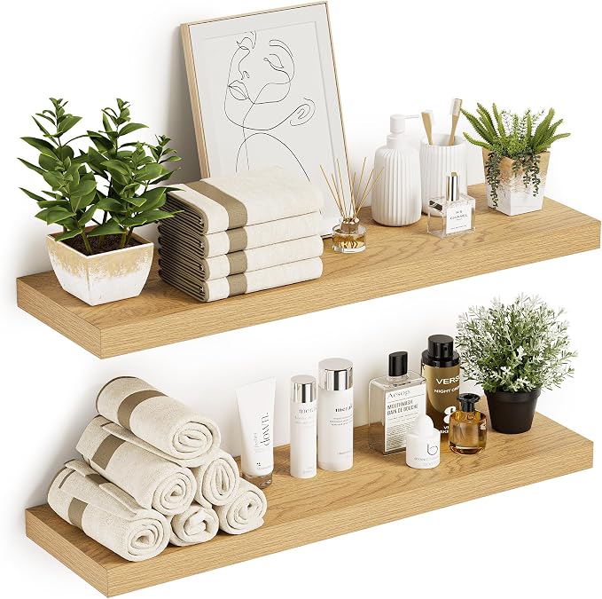 Vivelove 10 inches Deep Floating Shelves 36 inch Long, Large Oak Wall Shelves by VIVELOVE