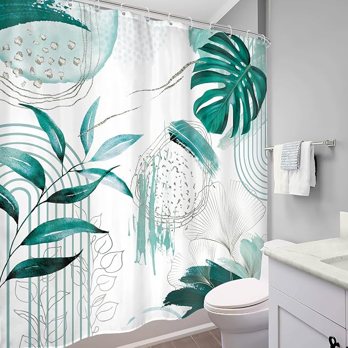 Green Boho Shower Curtain 72Wx72H Bohemian Modern Abstract Teal Tropical Palm - Image 4