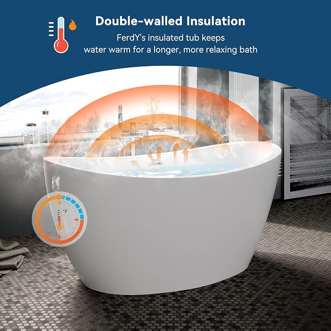 FerdY Naha 59" Acrylic Freestanding Bathtub, Curve Edge Freestanding Soaking - Image 2