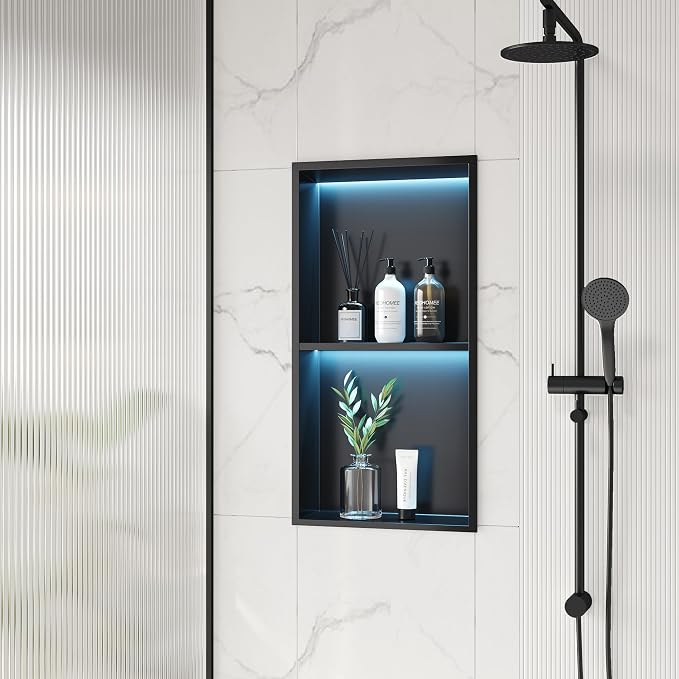 2-Tiers 12x24 Shower Niche, RGB LED Light Strips, Matte Black Wall Cabinet Shlef - Image 2