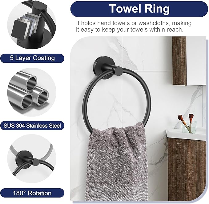 5-Piece Towel Bar Set Black Bathroom Hardware Accessories Set Upgraded Toilet - Image 3