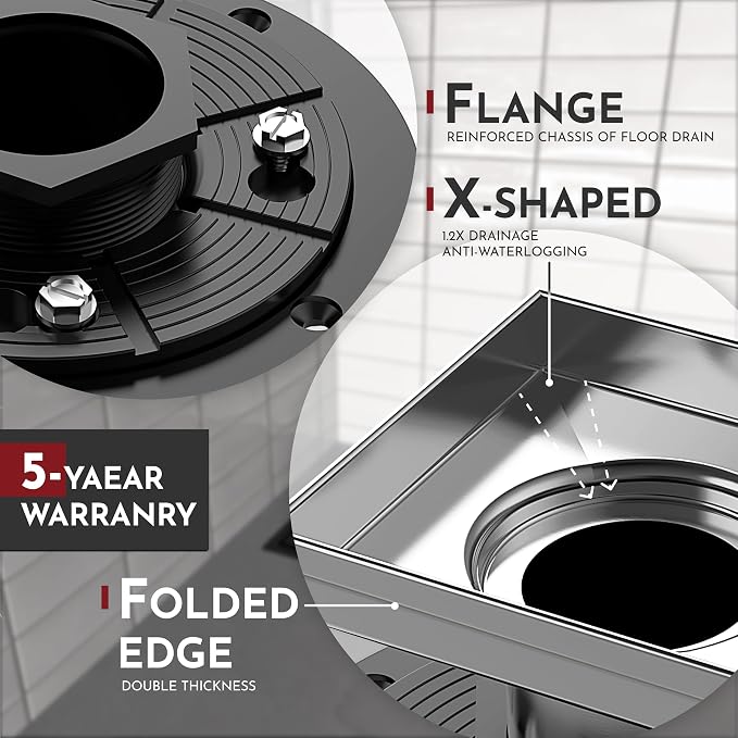 WEBANG 4 Inch Square Shower Drain Brushed Floor Drain - Image 3