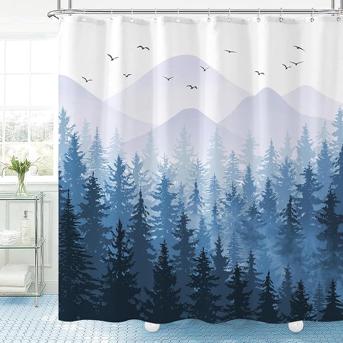 Aipon Blue Misty Forest Shower Curtain Ombre Nature Tree Plants Shower Curtains - Image 2