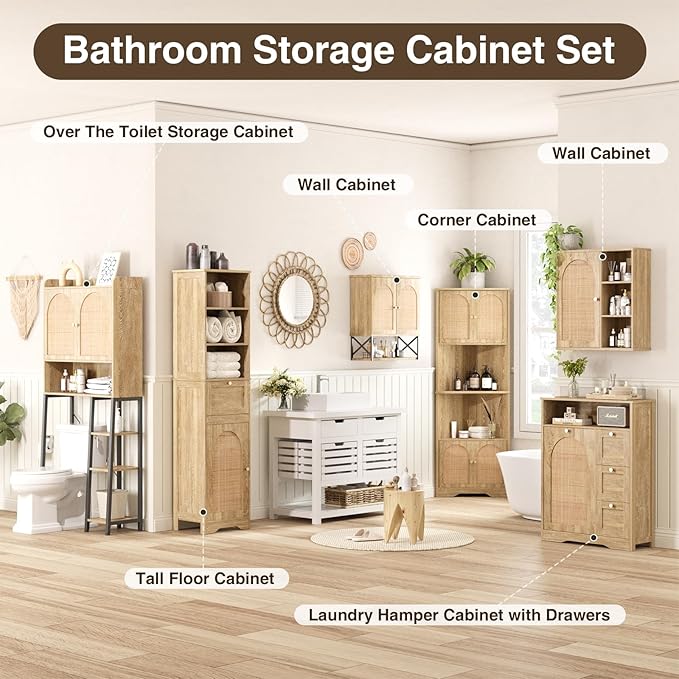 67''H Tall Corner Cabinet with Handmade Rattan Door, Rattan Storage Cabinet - Image 5