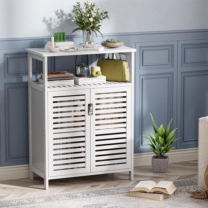 HITNET White Bathroom Cabinet, Bamboo Storage Cabinet Freestanding, Side Tall - Image 6