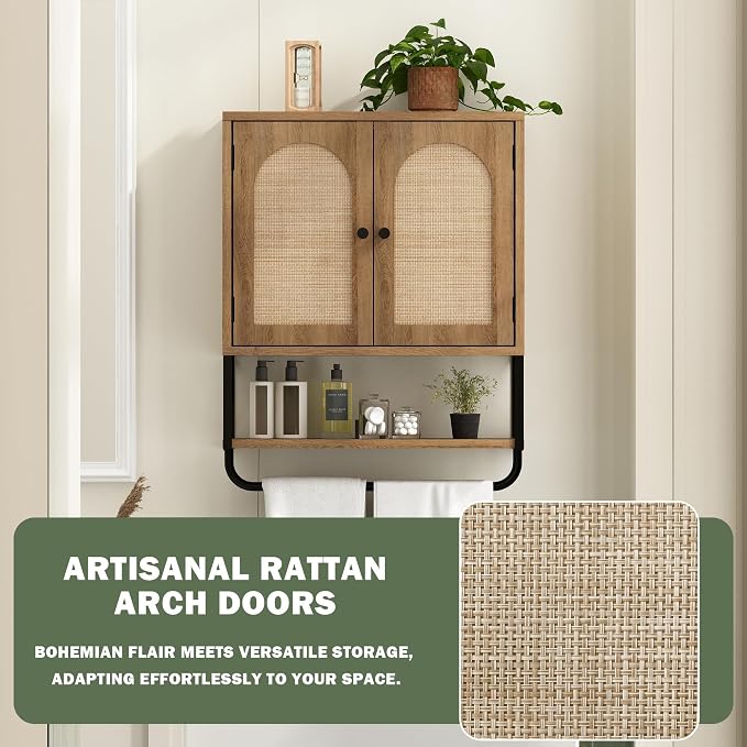 RUSTOWN Rattan Bathroom Wall Cabinet, Boho Over The Toilet Storage Cabinet - Image 6