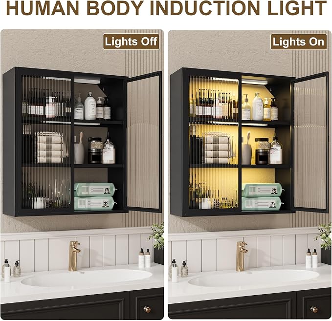 Bathroom Wall Cabinet with Glass Doors, Metal Medicine Cabinet with LED Light - Image 4