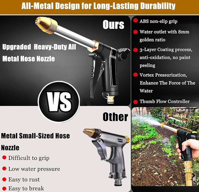 Garden Hose Nozzle, Upgraded Heavy Duty Metal Hose Sprayer Nozzle - Image 4