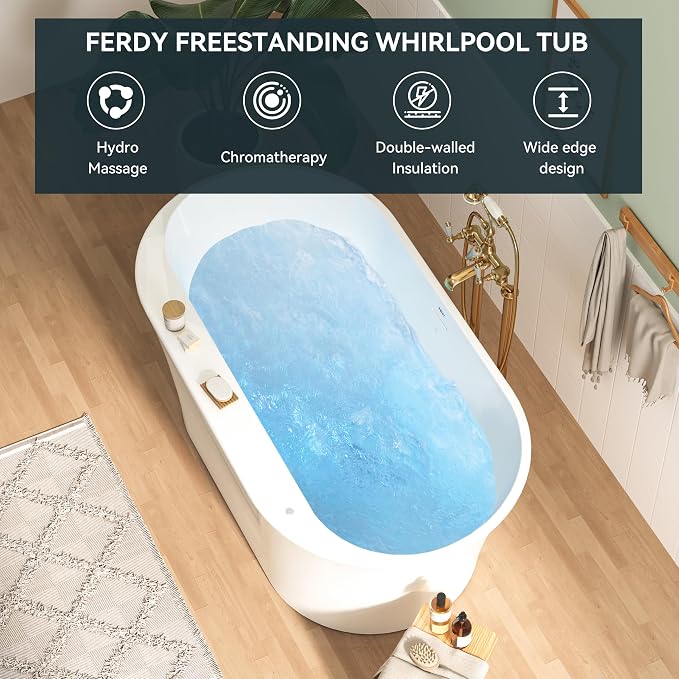 FerdY Mauritius 59 Inch Acrylic Freestanding Whirlpool Bathtub, Oval - Image 3