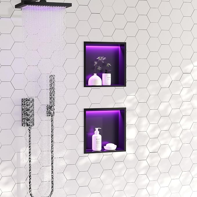 RGB LED Light Shower Niche, Matte Black 12X12 in Stainless Steel Recessed - Image 2