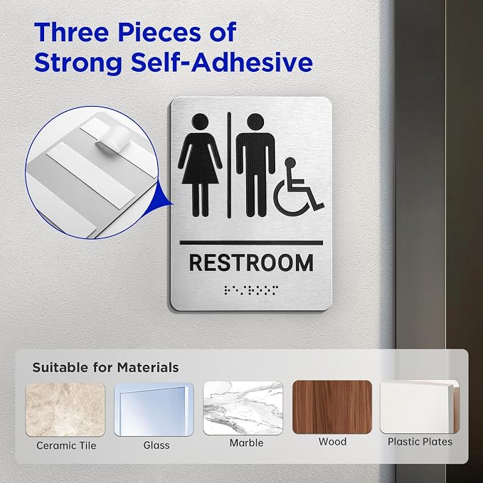 Restroom Sign, Brushed Aluminum ADA Raised Braille Restroom Signage - Image 4