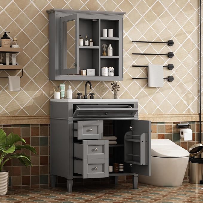 30" Bathroom Vanity with Matching Medicine Cabinet, Modern Sink Storage Cabinet - Image 3