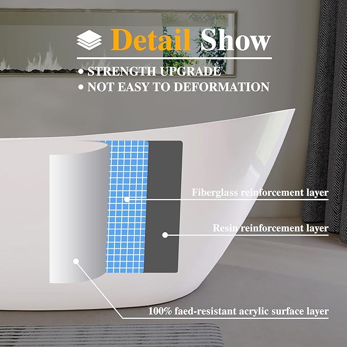 59" High-back Acrylic Freestanding Bathtub, Stand Alone Slipper Soaking Tub - Image 3