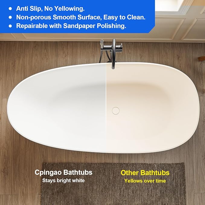 Cpingao 63" Stone Resin Freestanding Bathtub, Oval Solid Surface Contemporary - Image 3