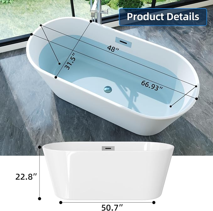 67 Inch Freestanding Bathtub, Acrylic Soaking Bathtub - Image 2