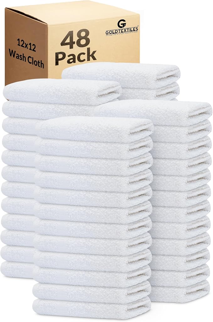 GOLD TEXTILES 48 Pack Economy White Washcloths Set by GOLDTEXTILES