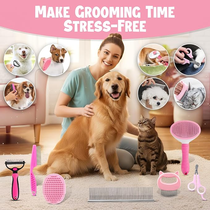 7-in-1 Pet Grooming Kit for Dogs & Cats Deshedding Brush, Bath Brush, Flea Comb - Image 5