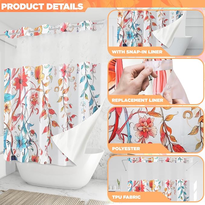Hookless Shower Curtain with Snap-in Liner Set, Vibrant Watercolor Fabric - Image 7