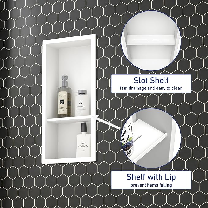 Stainless Steel Shower Niche 18"× 8" White Double Shelves No Tiled Need - Image 4
