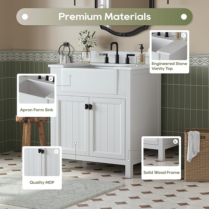 30 Inch Bathroom Vanity with Sink, Farmhouse Single Sink Bathroom Vanity with - Image 3