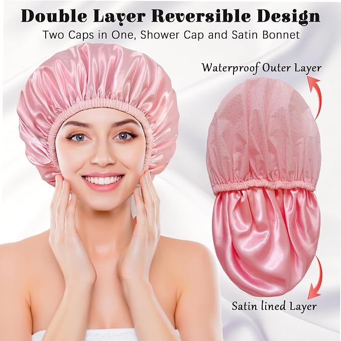 Shower Cap for Women, Shower Caps Reusable Waterproof, Large Plastic Satin - Image 3
