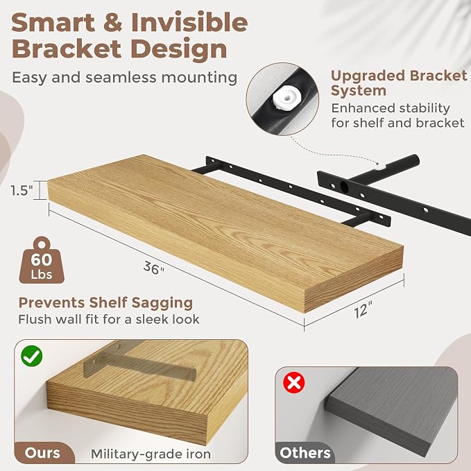 36 Inch Floating Shelves for Wall Set of 2, Easy Install Engineered Wood - Image 3