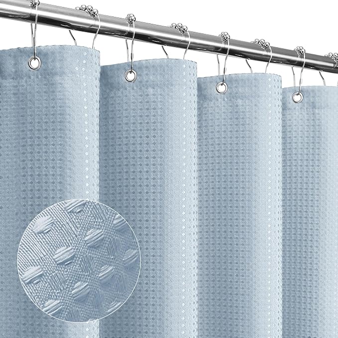 Gibelle Fog Blue Shower Curtain, Waffle Weave Textured Fabric Shower Curtain by Gibelle