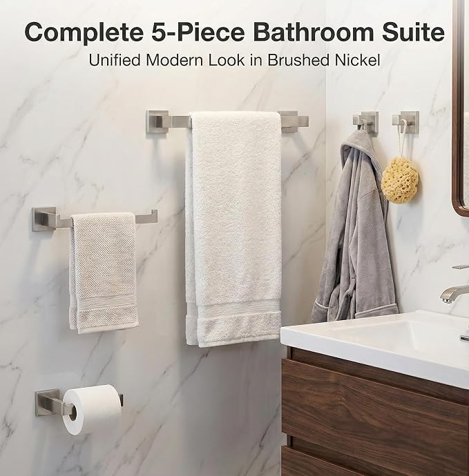 5 Piece Bathroom Hardware Set Brushed Nickel, SUS304 Stainless Steel Towel Bar - Image 2