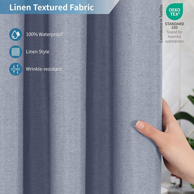 2-in-1 Waterproof Long Fabric Shower Curtain or Liner, Linen Textured, 78 Inch - Image 4