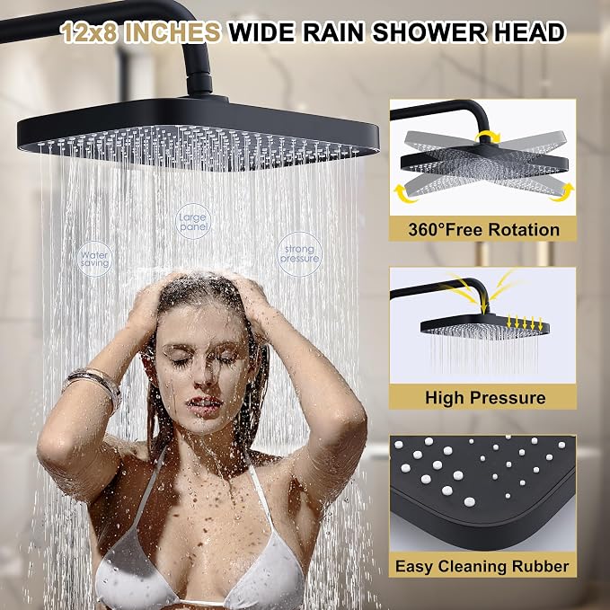 Shower Systems with 12 x8 Inches Rain Shower Head, Matte Black Exposed Pipe - Image 4