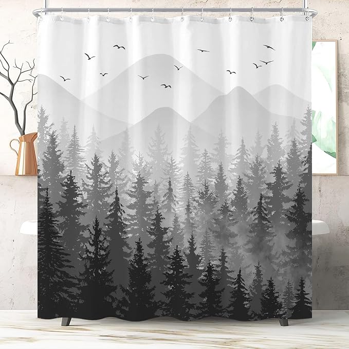 Aipon Black Misty Forest Shower Curtain Gray Ombre Nature Tree Plants Shower - Image 3