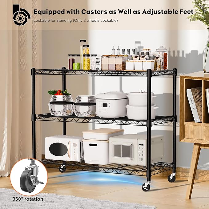 3-Tier Wire Shelving Unit with Wheels, 36.9" W x 18.6" D Heavy Duty Metal - Image 5