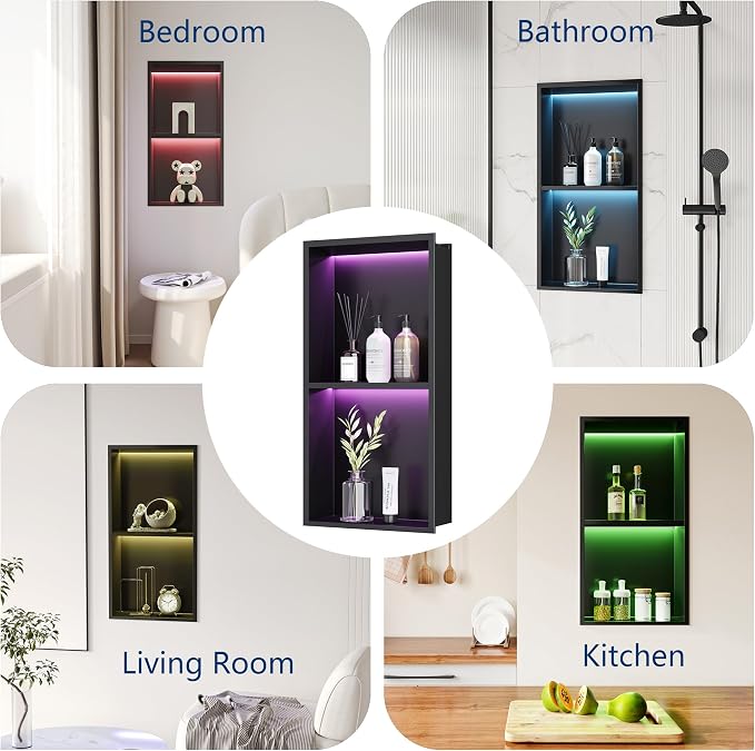 2-Tiers 12x24 Shower Niche, RGB LED Light Strips, Matte Black Wall Cabinet Shlef - Image 6