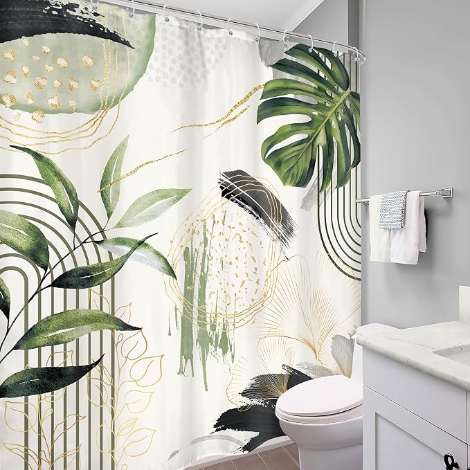 Grey Green Boho Shower Curtain 72Wx78H Long Tropical Palm Leaves Abstract - Image 4